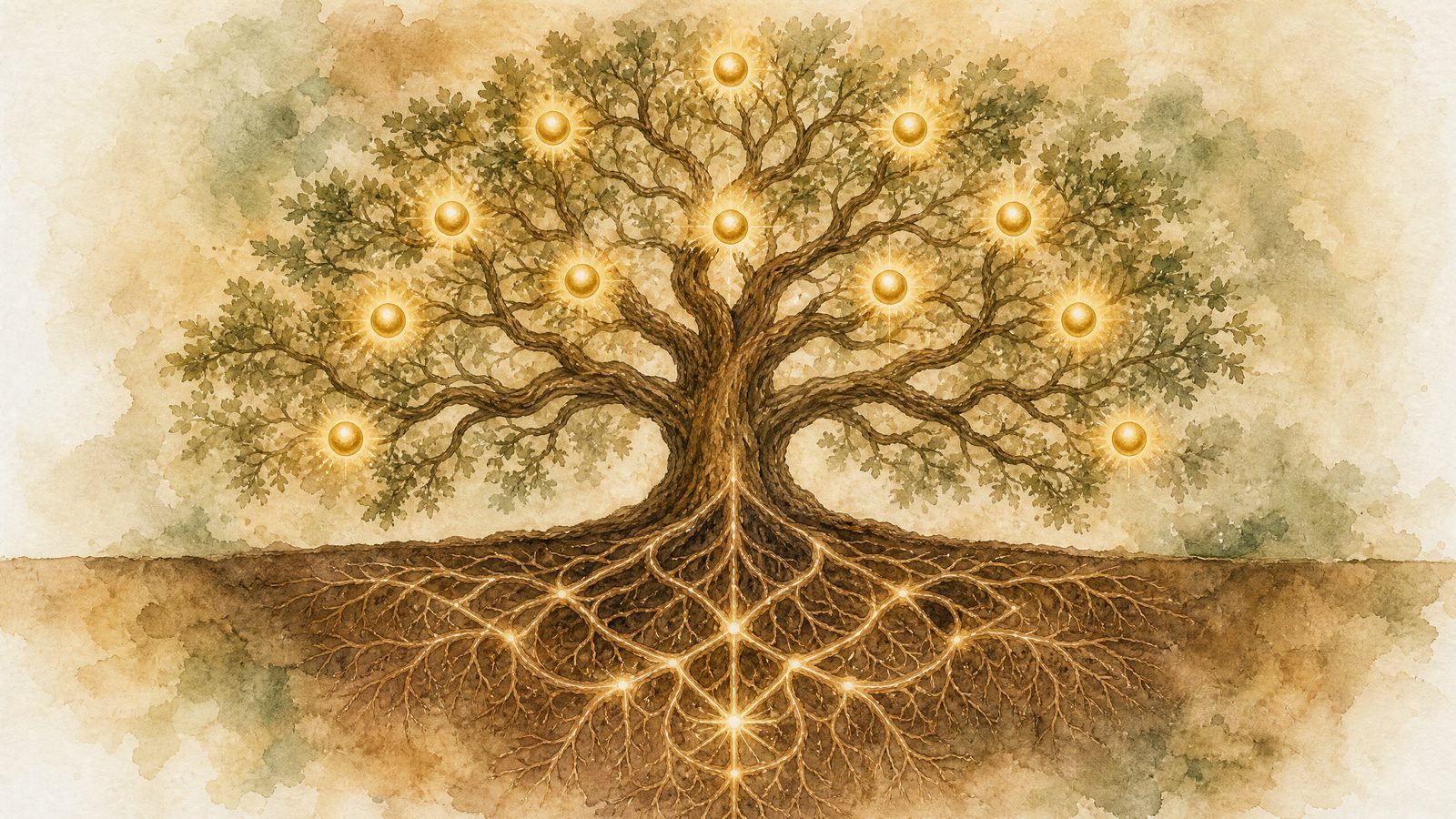 Der Baum der dreizehn Perlen als ein Organismus aus Krone und Wurzelwerk