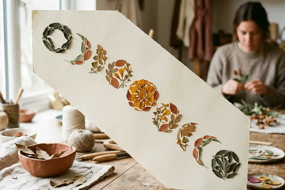Foto: eine Mondphasen-Folge aus gepressten Blättern und Blütenblättern auf cremefarbenem Papier