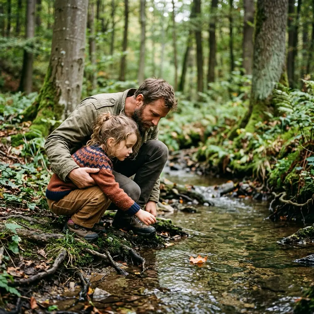 Foto: ein Vater und seine kleine Tochter knien an einem Waldbach und betrachten ein Blatt auf dem Wasser