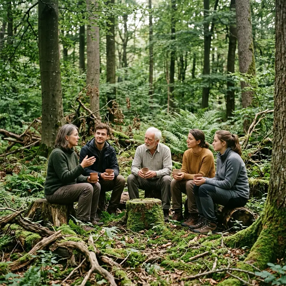 Foto: fünf Menschen verschiedenen Alters sitzen im Wald auf Baumstümpfen im Kreis, mit Tonbechern, und hören einander zu