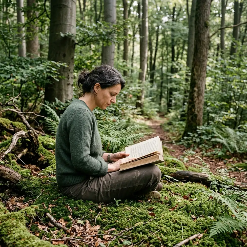 Foto: eine Frau sitzt auf Moos in einer stillen Buchenlichtung und liest in einem aufgeschlagenen Buch, Morgenlicht