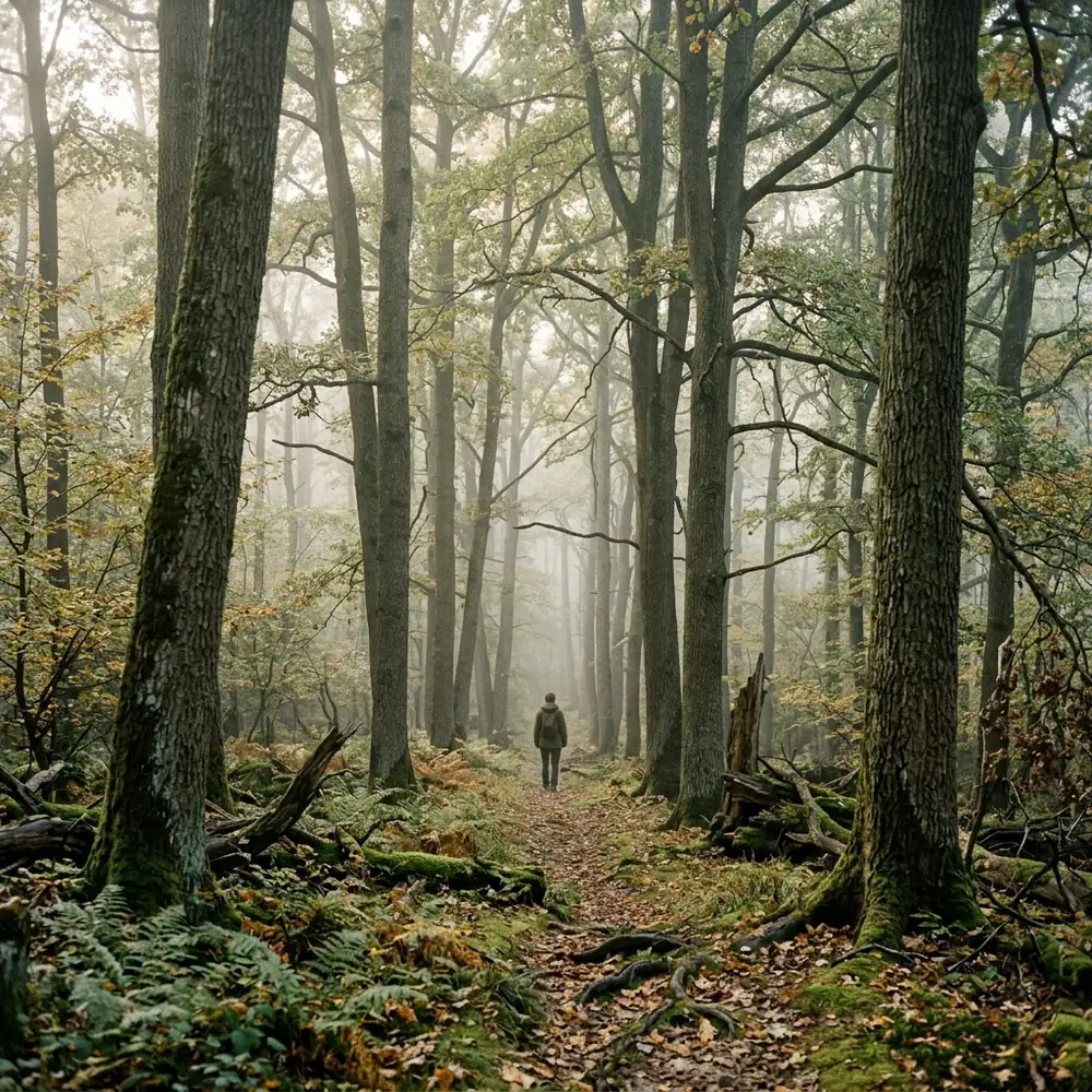 Foto: Nebel am Morgen in einem Buchenwald, tief stehende Sonnenstrahlen zwischen den Stämmen, weit hinten ein Mensch
