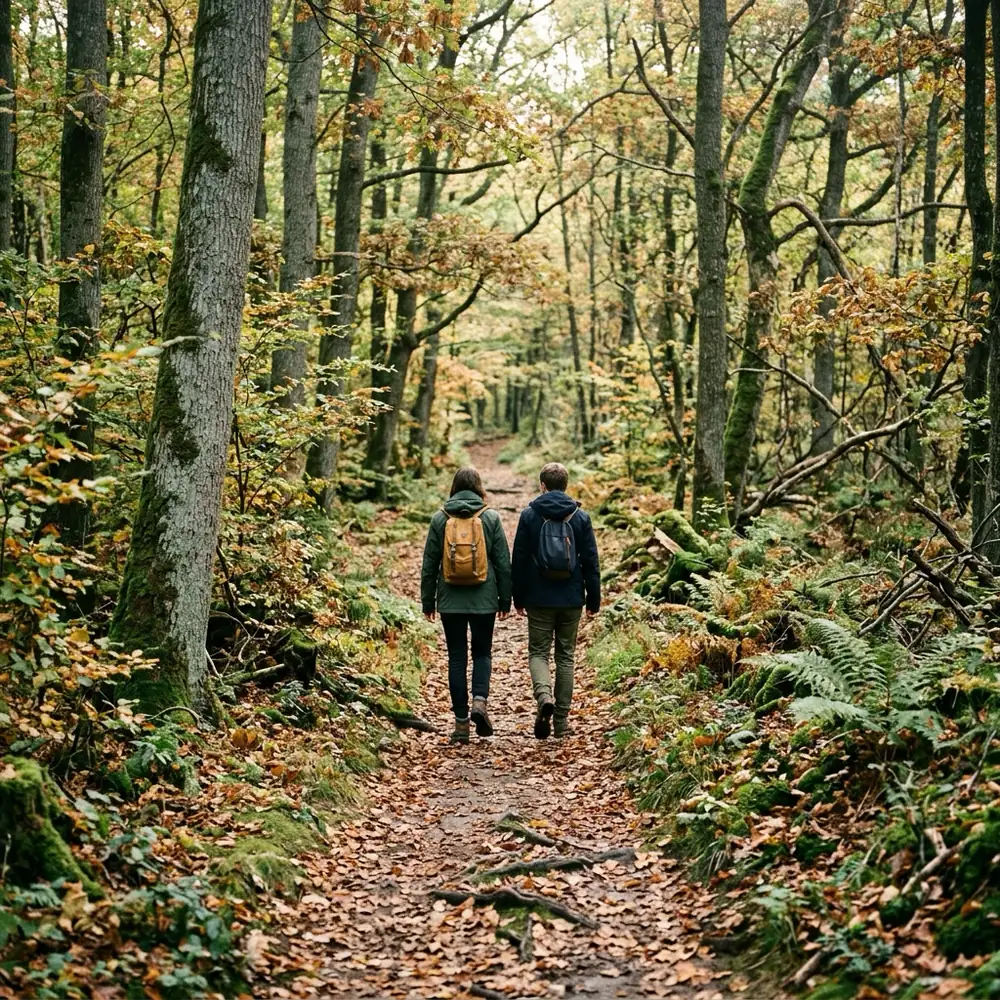 Foto: zwei Menschen gehen nebeneinander einen schmalen Waldweg entlang, Laub am Boden, Frühherbst
