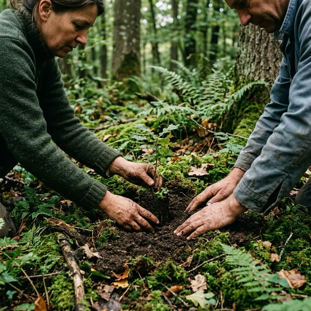 Foto: zwei Hände setzen einen jungen Baum in dunklen Waldboden, Moos und Farn ringsum