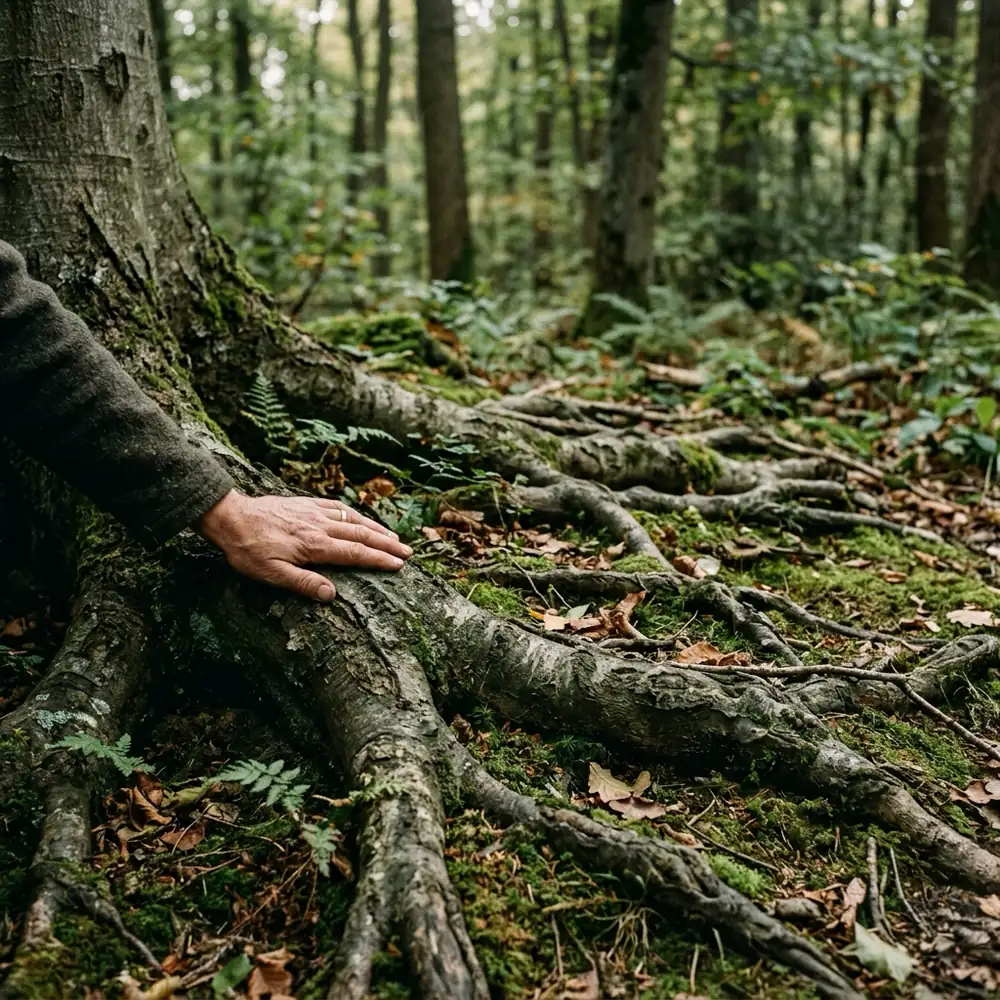 Foto: alte Buchenwurzeln über moosigem Waldboden, eine Hand ruht auf einer Wurzel